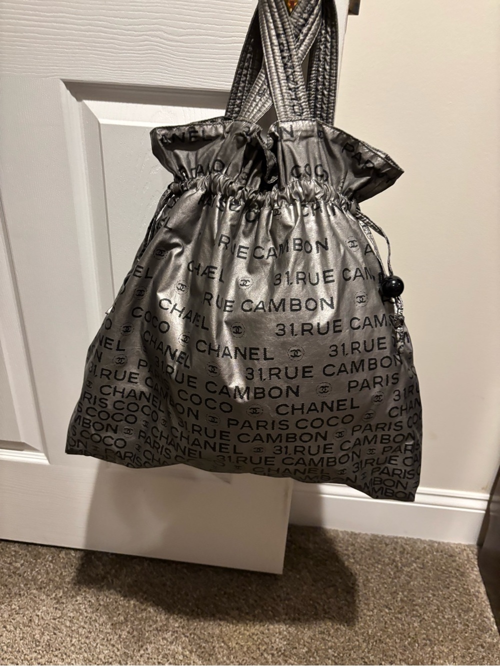 CHANEL Authentic Vintage Metallic Silver PVC Logo Tote